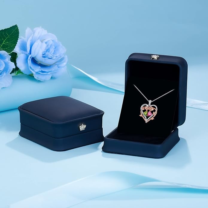 Iefil Rose Heart Double Birthstone Necklace Gifts for Wife Her Mom Women, Birthstone Jewelry Gemstone Birthday Gifts for Girlfriend Grandma Her Wife Women