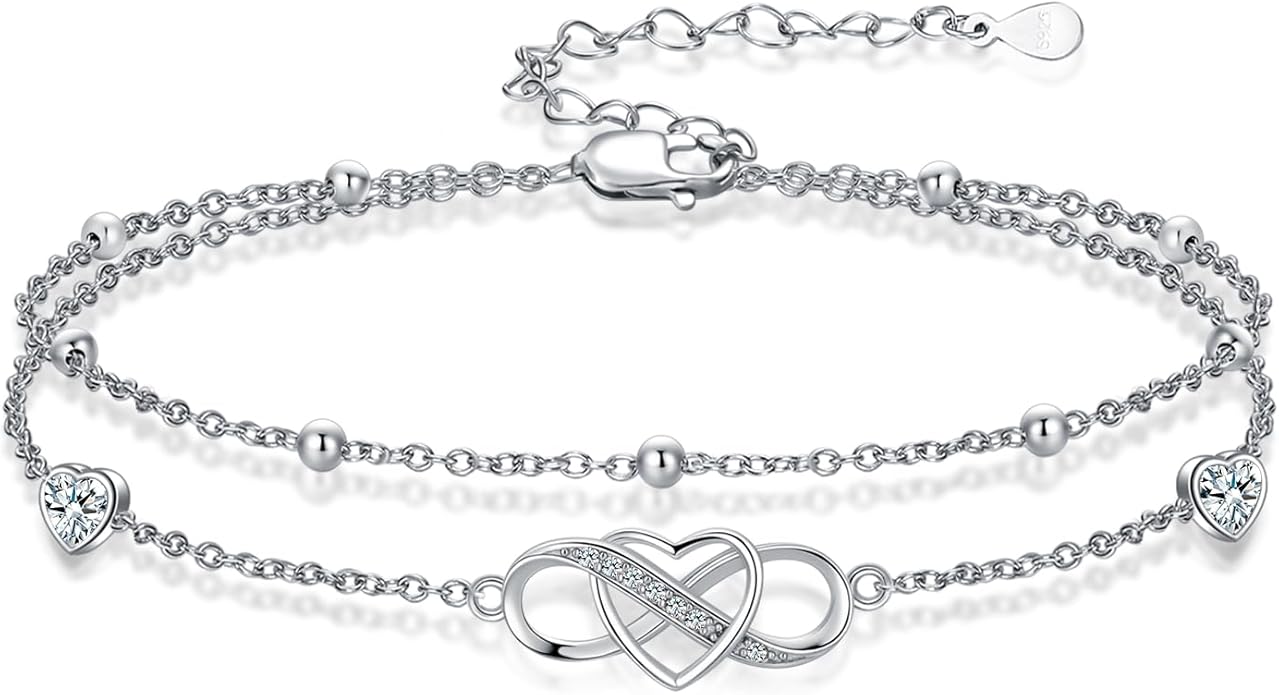 Anklet for Women 925 Sterling Silver Double Infinity Ankle Bracelet Waterproof Summer Jewelry Anniversary Birthday Gifts for Her