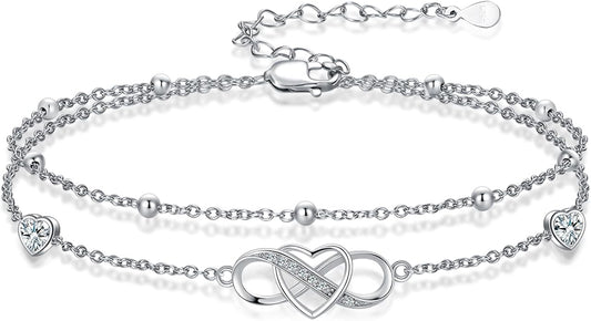 Anklet for Women 925 Sterling Silver Double Infinity Ankle Bracelet Waterproof Summer Jewelry Anniversary Birthday Gifts for Her