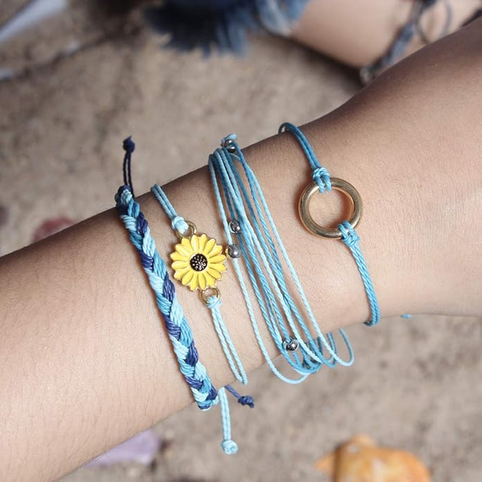 FANCY SHINY Sunflower String Bracelet Boho Braided Rope Wrap Bracelets Cute Summer Beach Surfer Jewelry for Women