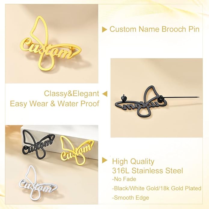 Custom4U Custom Name Pin Personalized Brooch Pins for Women Men Stainless Steel Name Tag with Letters/Initials - Silver/Gold/RoseGold/Black Customized Jewelry Gifts for Birthday Wedding Business Party