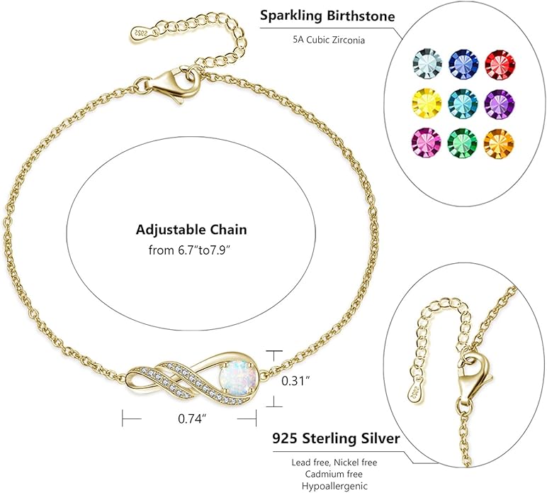 Birthstone Bracelets for Women 925 Sterling Silver Created Gemstone Bracelet Infinity Pendant Jewelry for Her, 6.7"+1.2"