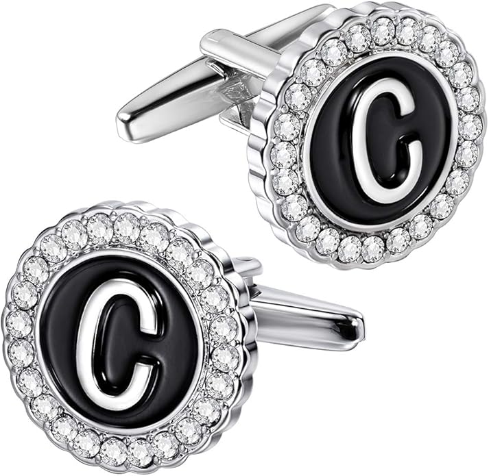 HAWSON A-Z Initial Cufflinks for Men and Women with Clear Crystal, Gold Silver Color Rasied Letter A-Z Cuff Links for French Shirt, Gift for Normal and Business Wearing