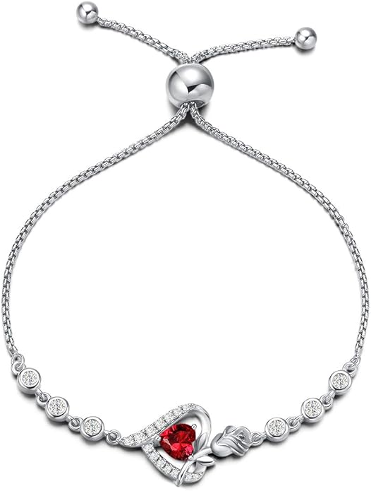 AGVANA Rosy Reverie Birthstone Bracelet for Women Sterling Silver Genuine or Created Gemstone Tennis Bracelet Rose Heart Jewelry Anniversary Birthday Gifts for Women Mom Wife Her