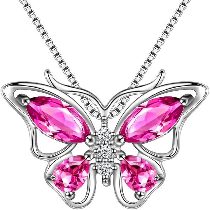 Aurora Tears Butterfly Birthstone Pendant Necklace - Women 925 Sterling Silver Butterflies Birthstone Pendant Necklace Jewelry Birthday Gift for Women