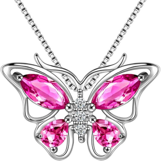 Aurora Tears Butterfly Birthstone Pendant Necklace - Women 925 Sterling Silver Butterflies Birthstone Pendant Necklace Jewelry Birthday Gift for Women