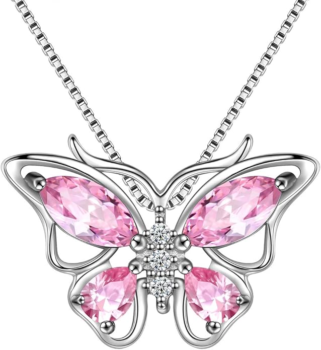 Aurora Tears Butterfly Birthstone Pendant Necklace - Women 925 Sterling Silver Butterflies Birthstone Pendant Necklace Jewelry Birthday Gift for Women