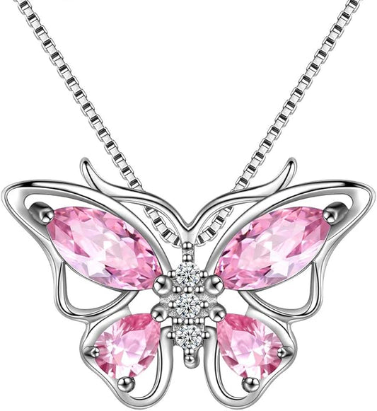 Aurora Tears Butterfly Birthstone Pendant Necklace - Women 925 Sterling Silver Butterflies Birthstone Pendant Necklace Jewelry Birthday Gift for Women