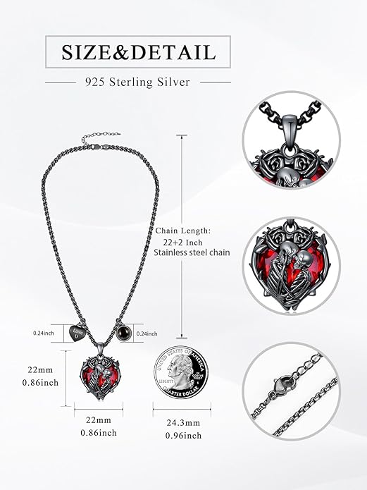Flpruy 925 Sterling Silver Black Gothic Jewelry Gifts Skeleton Couple Pendant Crystal Birthstone Heart Necklace Punk Romantic Jewelry for Lover Men Women