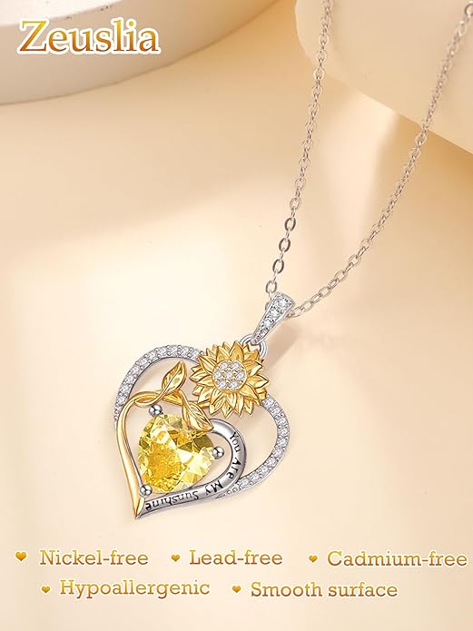 Zeuslia Double Birthstone Necklace Gifts for Wife - 925 Sterling Silver Sunflower/Rose/Crown Cross/Compass/Heart Pendant I Love You Necklace, Anniversary Birthday Gifts for Wife Girlfriend Mom Her