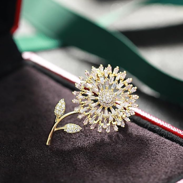 14K Gold Women Trendy Gold Brooch Accessory with Moissanite and Pearl, Decoration Sunflower Pin for Summer Fashion, Womens Brooches and Pins