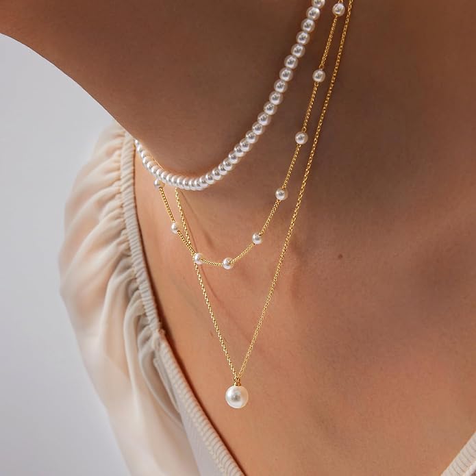 OGD Gold Pearl Necklaces Set for Women 14K Gold Plated Dainty Layered Pearl Cute Daisy Pearl Choker Gold Necklace Gifts for Women Gold Trendy Jewelry Gifts