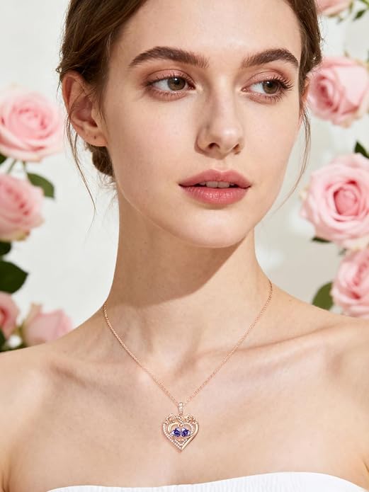 JIYVY32 Rose Heart Necklace for Women Exquisite 925 Sterling Silver Anniversary Birthday Gifts for Wife Mom Her Double Birthstone Pendant Jewelry
