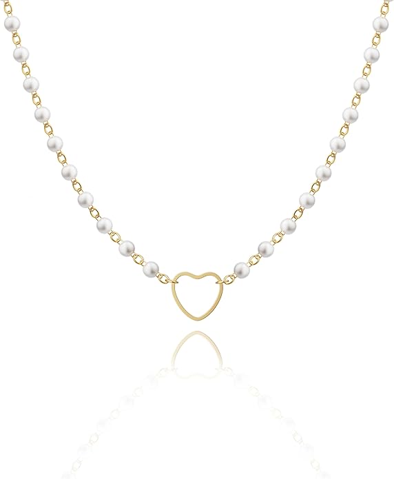Tewiky Cute Heart Necklace Tiny 14k Gold Heart Pendant Choker Necklaces Small Gold Love Open Heart Chain Necklace for Women Dainty Gold Necklace Gifts for Her