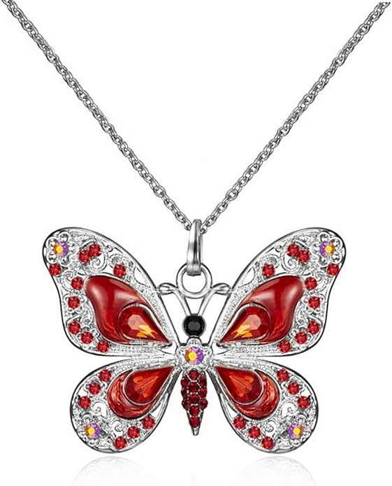 Vintage Multicolor Butterfly Necklace Bohemian Multicolor Enamel Butterfly Necklace Rhinestone Butterfly Pendant Necklace Chain Enamel Ethnic Costume Jewelry for Women