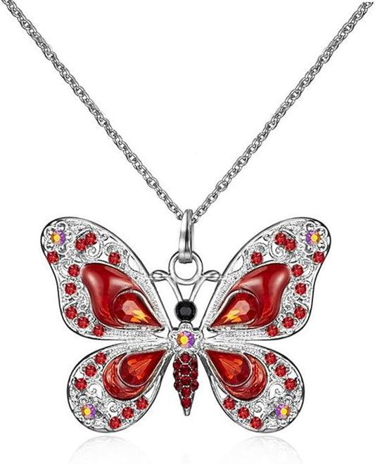 Vintage Multicolor Butterfly Necklace Bohemian Multicolor Enamel Butterfly Necklace Rhinestone Butterfly Pendant Necklace Chain Enamel Ethnic Costume Jewelry for Women