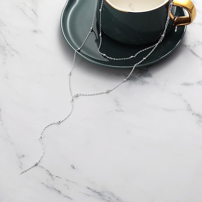 Foxgirl Lariat Gold Necklace for Women, Dainty Long Necklace 14k Gold Plated/Silver Y-Shaped Pendant Necklace Trendy Layered Cz Beaded Chain Drop Necklaces Simple Gold Jewelry For Women Gift