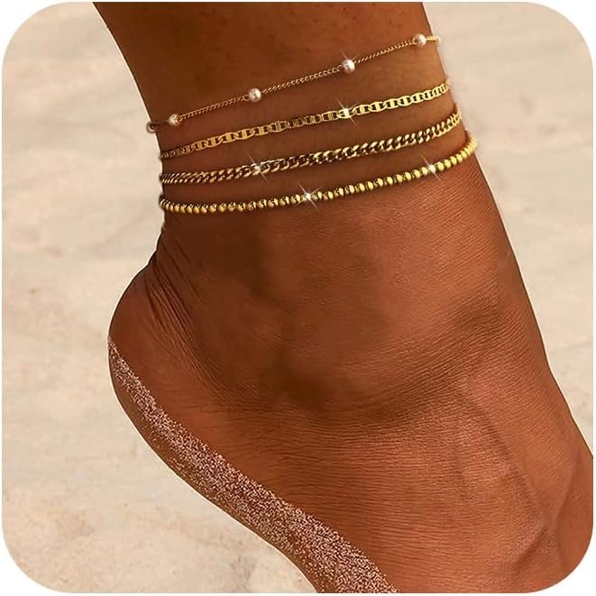 Gold Ankle Bracelets for women,14k Gold/Silver Plated Waterproof Layered lightweight Cuban Link Figaro Chain Heart anklet butterfly anklet Pearl Ankle Bracelets Set Gold Anklets for women Trendy Jewelry Gift for Women