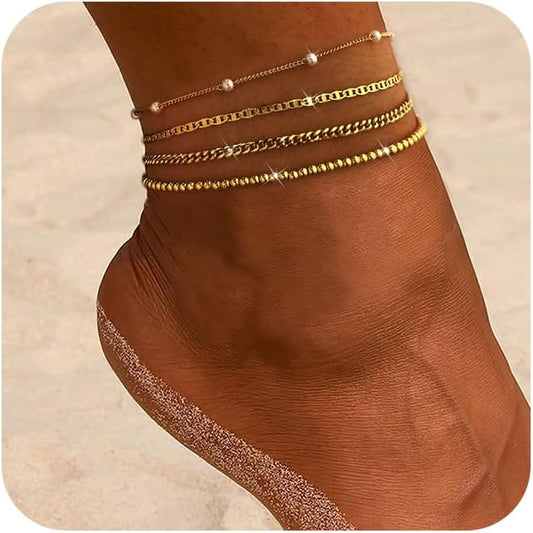Gold Ankle Bracelets for women,14k Gold/Silver Plated Waterproof Layered lightweight Cuban Link Figaro Chain Heart anklet butterfly anklet Pearl Ankle Bracelets Set Gold Anklets for women Trendy Jewelry Gift for Women