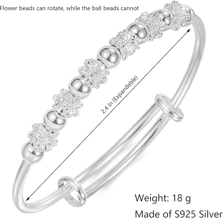 S925 Silver Bangle Bracelet for Women, Elegant Women‘s Sterling Silver Bracelet Bangle Adjustable 6.4-7.8 inches Small Size