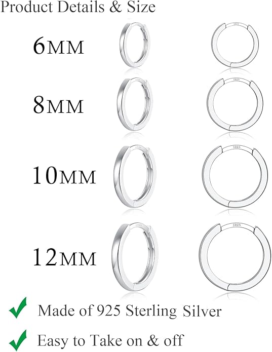3 Pairs 925 Sterling Silver Hoop Earrings 14K White Gold Plated Small Silver Hoops Cartilage Huggie Earrings for Women Men