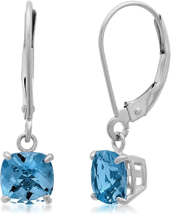 Solid 10K Gold Cushion Cut Dangle Gemstone Earrings for Women | 6mm Gemstone Birthstone Earrings | Checkerboard 10 Karat Gold Dangle Drop Leverback Earring for Women by MAX + STONE