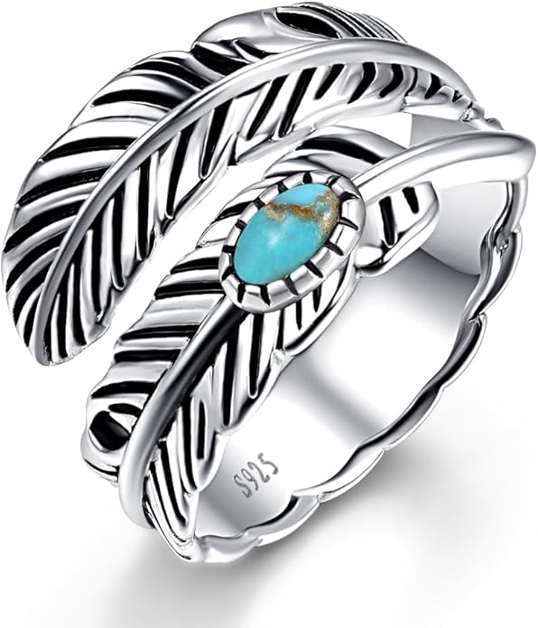 Sterling Silver Feather Ring with Black Onyx & Turquoise - Adjustable Stacking Vintage Statement Ring for Women & Men