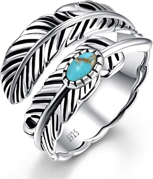 Sterling Silver Feather Ring with Black Onyx & Turquoise - Adjustable Stacking Vintage Statement Ring for Women & Men
