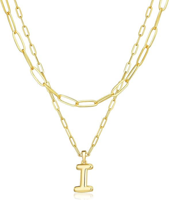 adoyi Gold Necklace for Women Layered Bubble Heart Letter Initial Necklaces for Women Trendy Jewelry 14K Gold Plated Chain Chunky Name Necklace Stack Charm A-Z Pendant Set Jewelry Gifts