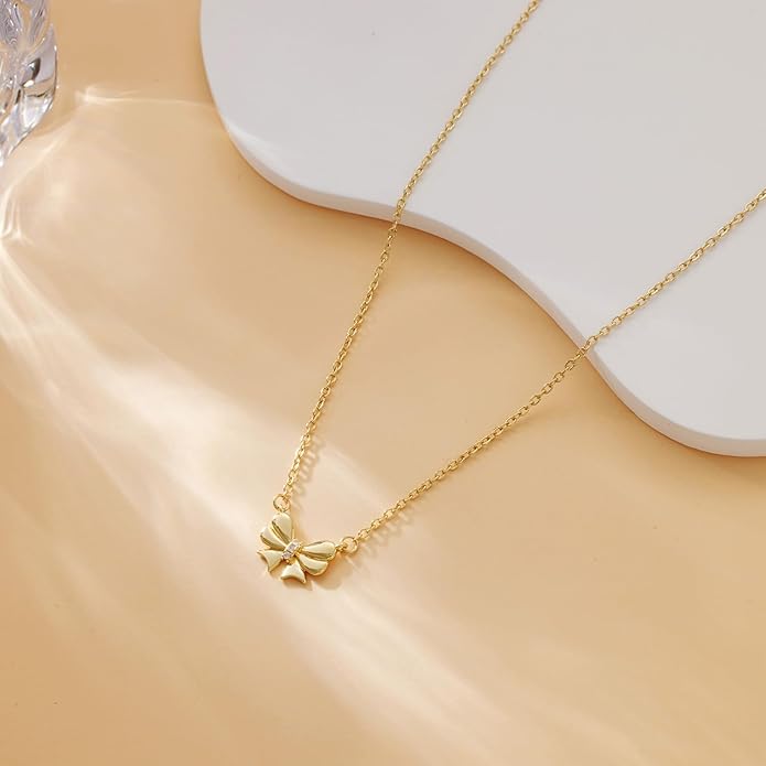 Gold Necklace for Women Dainty Bow Necklace 14K Gold Plated Cute Choker Necklace Small Bow Pendant Charm Necklaces Teen Gift Trendy Stuff Personalized Jewelry Gifts