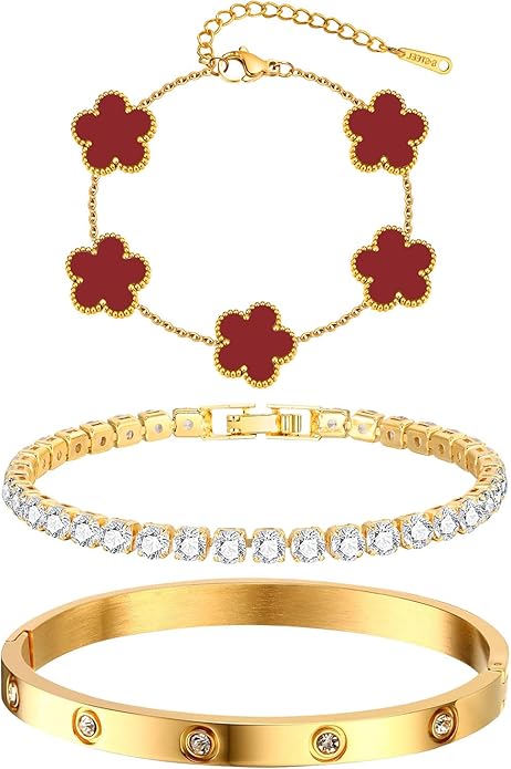 Womens Stackable Floral Gold Bracelets - 3Pcs 18K Gold Plated Bracelet,Stainless Steel Bangle Bracelets Non Tarnish, Gold Bracelet Set Trendy Jewelry,Christmas Valentines Birthday Gifts for Girlfriend