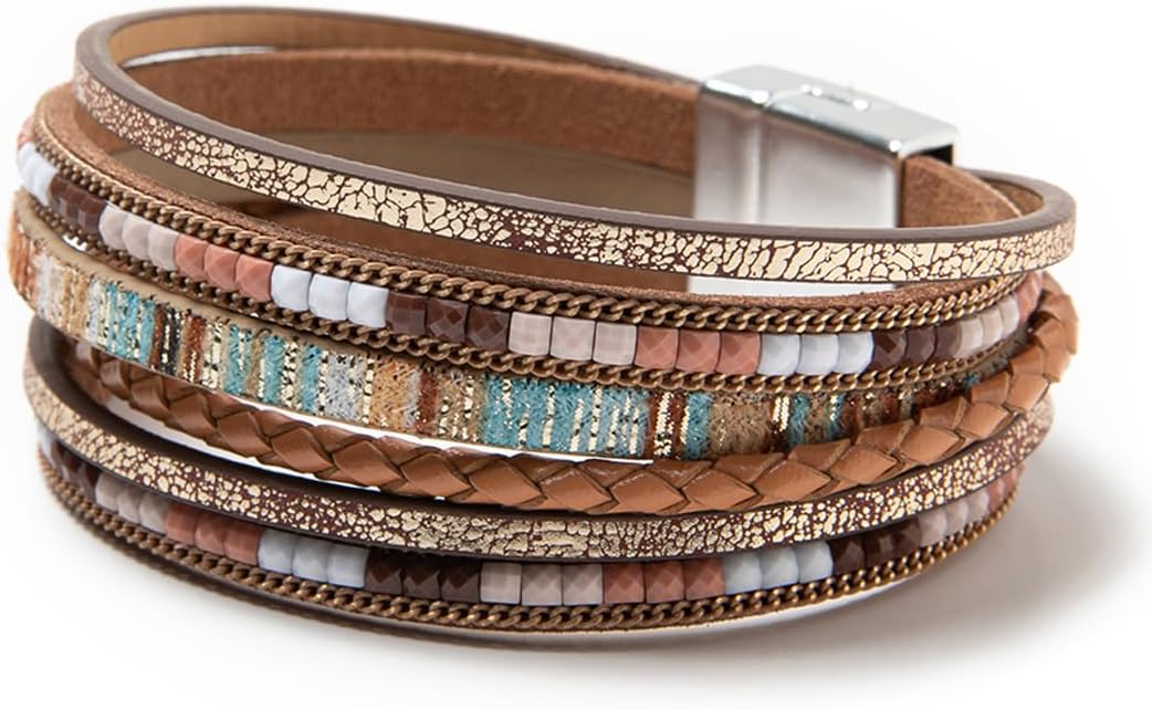 Rantanto Braid Leather Wrap Bracelet Trendy Stackable Crystal Cuff Boho Gold Heart Bracelet Jewelry Gift For Women