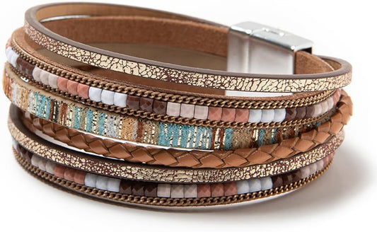 Rantanto Braid Leather Wrap Bracelet Trendy Stackable Crystal Cuff Boho Gold Heart Bracelet Jewelry Gift For Women