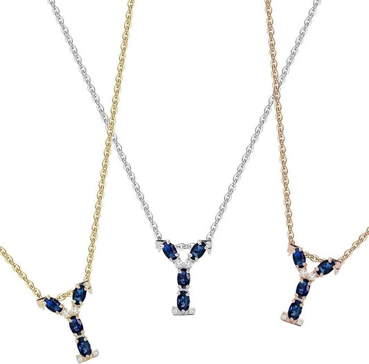 Albert Hern Blue Sapphire Initial Necklace With Diamonds & 18K Gold Chain | Irresistible Letter Pendants Jewelry | Perfect Valentine’s Day, Anniversary & Birthday Gift
