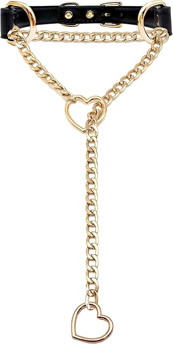 Black Leather Choker Collar For Women, Handmade Heart Slip Chain Choker Long Necklace with Adjustable Buckle