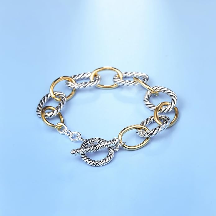 UNY JEWEL Twisted Cable Wire Link Chain Bracelet Two Tone Designer Brand Inspired Women Jewelry Valentine (2 Tone)