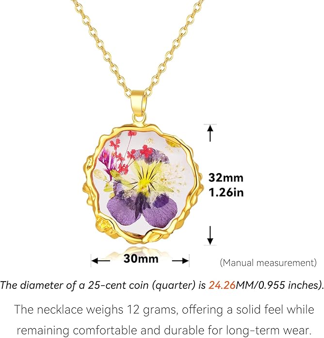 Birth Flower Necklaces for Women,1-12 Month Real Pressed Flower Necklace,Boho-Style Personalized Jewelry, Handmade Floral Pendant,Thoughtful Gift for Christmas,Birthday|18"