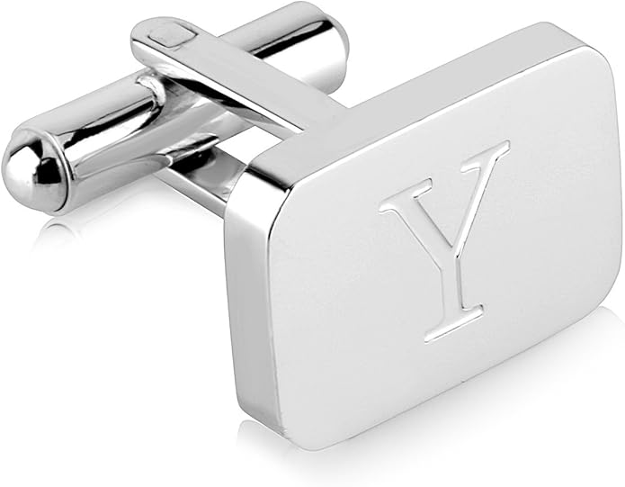 18K White-Gold Plated Initial Engraved Stainless Steel Men’s Cufflinks With Gift Box -Personalized Alphabet Letter’s A-Z By Lux & Pair