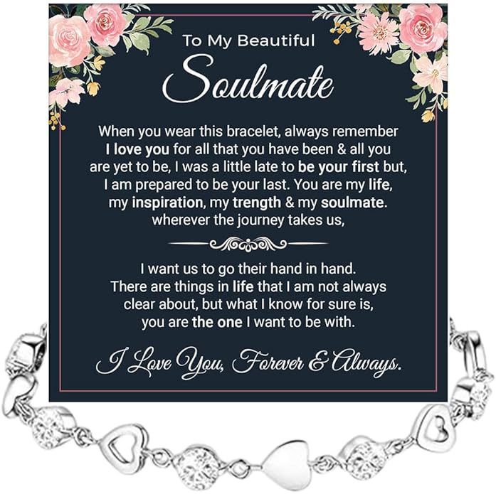 To My Soulmate Heart Bracelet Gift, Beautiful Soulmate Jewelry With Message Card and Box For Women, Romantic Anniversary, Birthday, Christmas or Valentine’s Day Gift