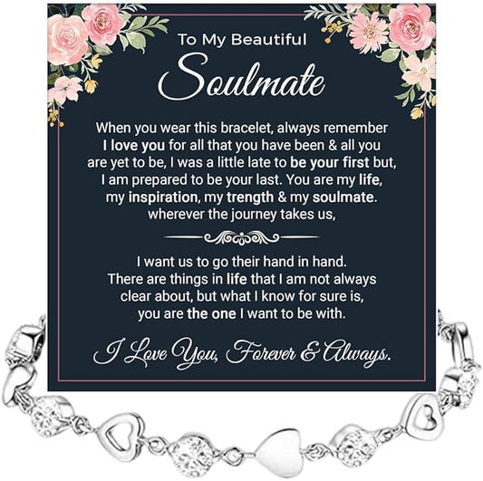 To My Soulmate Heart Bracelet Gift, Beautiful Soulmate Jewelry With Message Card and Box For Women, Romantic Anniversary, Birthday, Christmas or Valentine’s Day Gift