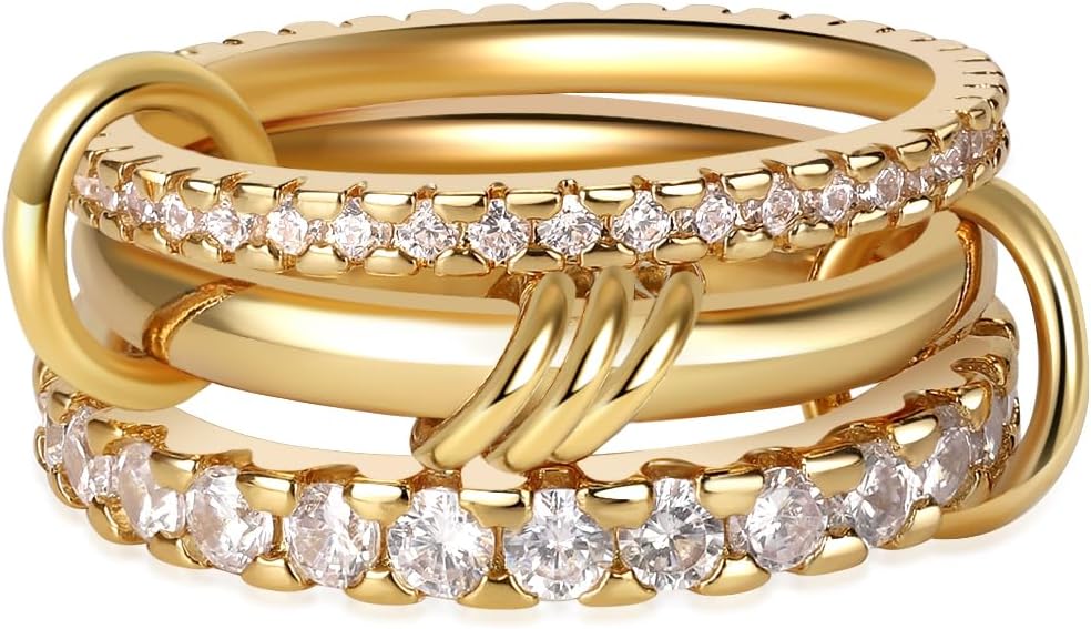 Gold Stackable Rings for Women Non Tarnish, 18K Gold Plated CZ Cubic Zirconia Rings, Golden Rings Set, Multi-Link Connected Rings