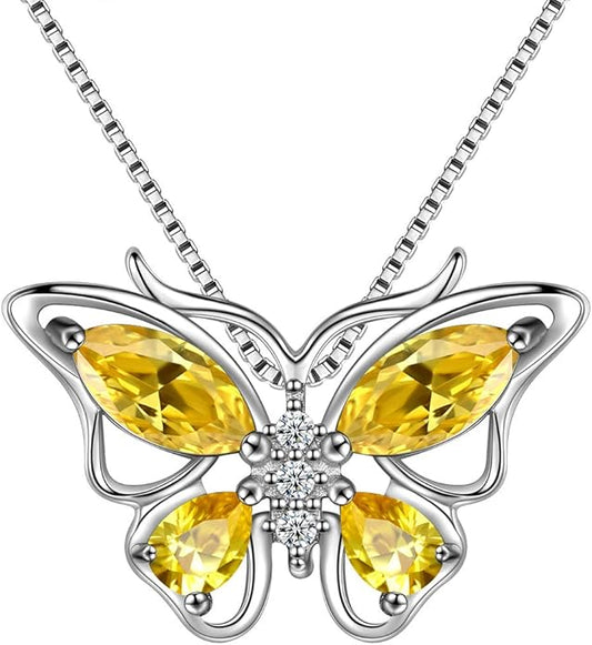 Aurora Tears Butterfly Birthstone Pendant Necklace - Women 925 Sterling Silver Butterflies Birthstone Pendant Necklace Jewelry Birthday Gift for Women