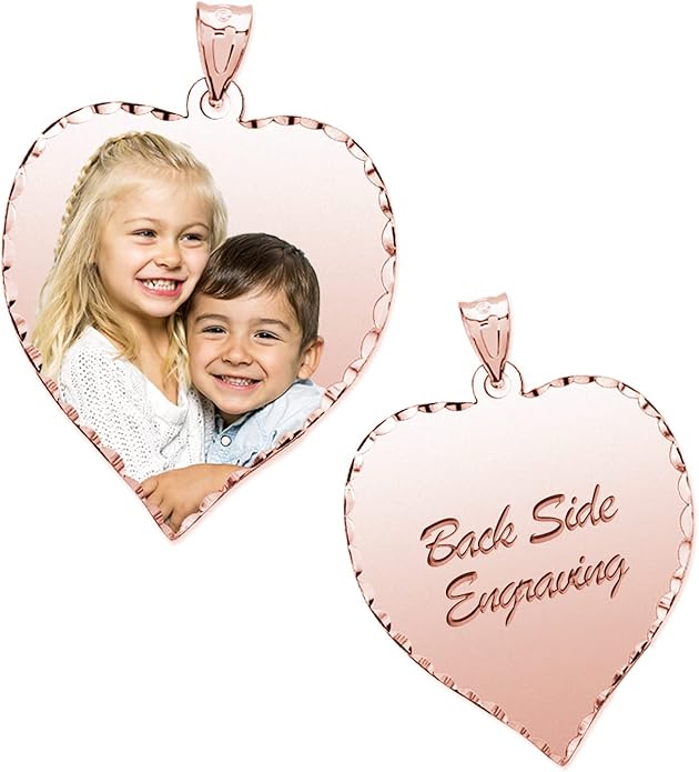 PicturesOnGold.com Personalized Photo Engraved Heart Shaped Picture Necklace with Diamond Cut Edge in Silver, Gold, White Gold or Rose Gold - 1 Inch x 1 Inch