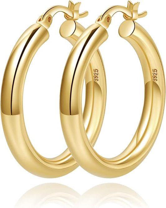 4mm Thick Gold Chunky Earrings Steling Silver Post Hoops Earrings For Women Hollow Tube Hoops Earrings Thick Gold Hoop Earrings Hypoallergenic Lightweight Gold Hoop Large Earrings 20/30/40/50/60MM