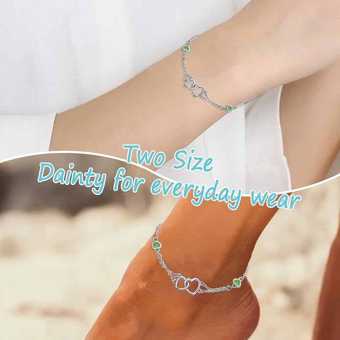 Dorunmo Anklet/Bracelet for Women 925 Sterling Silver Birthstone Jewelry Cubic Zirconia Double Heart Chain Jewelry for Mom Wife Friend Bride Valentine's Day Christmas Birthday Mother's Day