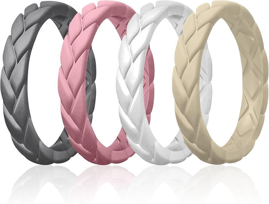 Egnaro Women's Silicone Stackable Rings 3.5mm Wide 2mm Thick, Rubber Flexible Hypoallergenic Wedding Bands For Workout Leaf Braided Fashion