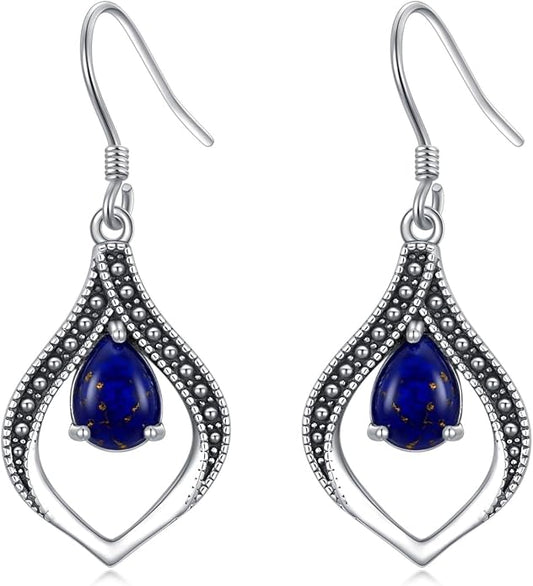 Vintage Genuine Gemstone Earrings for Women Dangling 925 Sterling Silver Western Native American Style Jewelry for Wife Mother