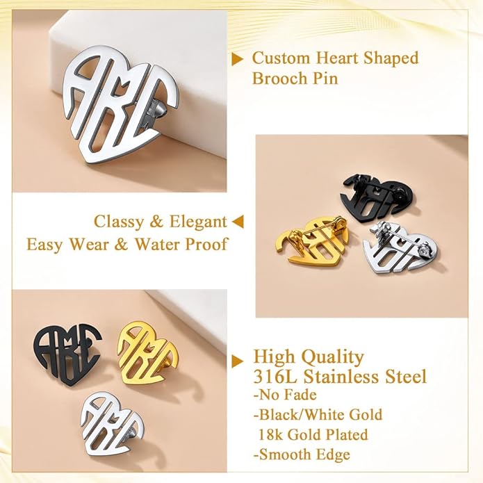 Custom4U Custom Name Pin Personalized Brooch Pins for Women Men Stainless Steel Name Tag with Letters/Initials - Silver/Gold/RoseGold/Black Customized Jewelry Gifts for Birthday Wedding Business Party