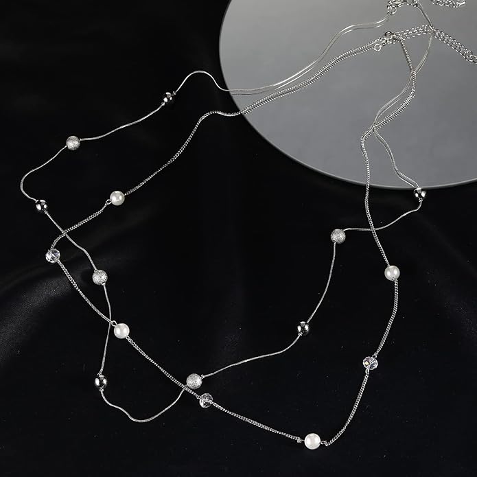 Silver Layered Long Necklace for Women Pearl Crystal Sweater Strand Chain Necklaces Fashion Gifts