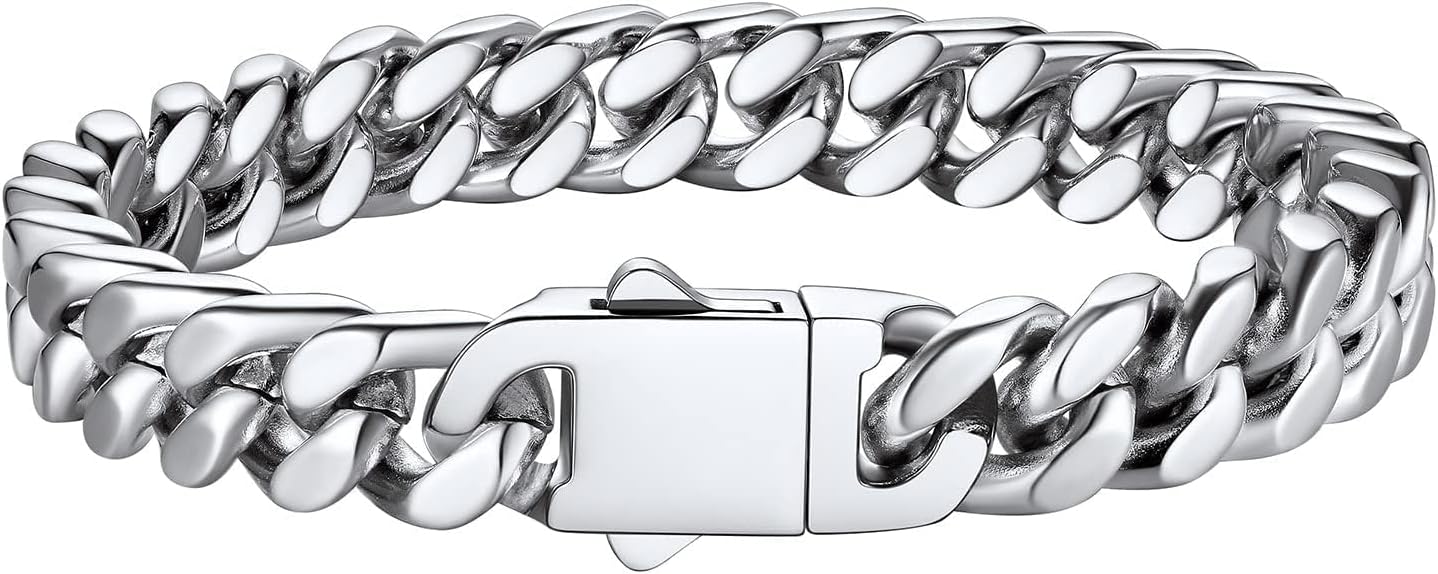 Bestyle Thick Mens Cuban Link Chain Bracelets, Durable Real 18K Gold/Black Metal Plated Solid Stainless Steel Hand Chain Cuban Bracelets for Men, Silver Black Gold Bracelets for Father Husband